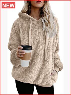 Womens Fuzzy Fleece Sherpa Jacket Half Zip Pullover Oversized Coat